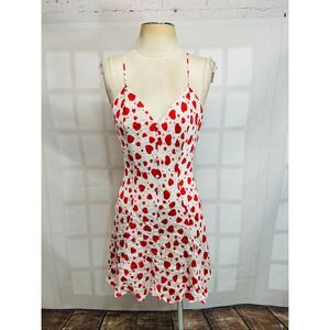 Magic Red White 100% Silk Heart Print Sleeveless V-Neck Mini Dress Size Small